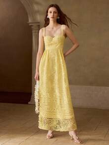 MOTF PREMIUM CONTRAST LACE HOLLOW OUT DRESS, SPRING/SUMMER - Pale Yellow - View 2