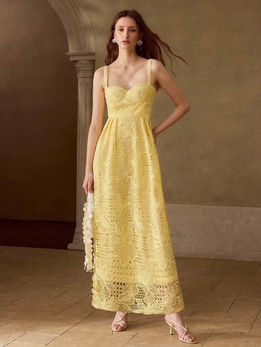 MOTF PREMIUM CONTRAST LACE HOLLOW OUT DRESS, SPRING/SUMMER - Pale Yellow - View 2