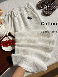 Comfortcana 大尺碼休閒紋理刺繡細節抽繩腰長褲 - 白色 - 查看 1