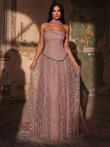 Glamrae Elegant Queen Princess Luxurious Handmade Diamond Pearl Sequin Mesh Patchwork Knit Maxi Dress Chiffon Flounce Graduation Formal Gala Dinner Pink Fall - Dusty Pink - View 7