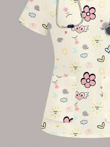 SHEIN Essnce Women's Scrub Uniform Graffiti Print Pattern Top, Suitable For Pet And Children's Hospitals - Multicolor - View 3