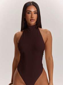 SHEIN BAE 女款素色時尚百搭百褶連身內衣 - 咖啡棕 - 查看 4