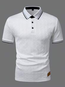 EGENSIO Áo polo nam dệt kim jacquard màu trơn, cổ áo và tay áo có họa tiết gân, cài cúc ngọc trai màu đen. - trắng - Xem 7