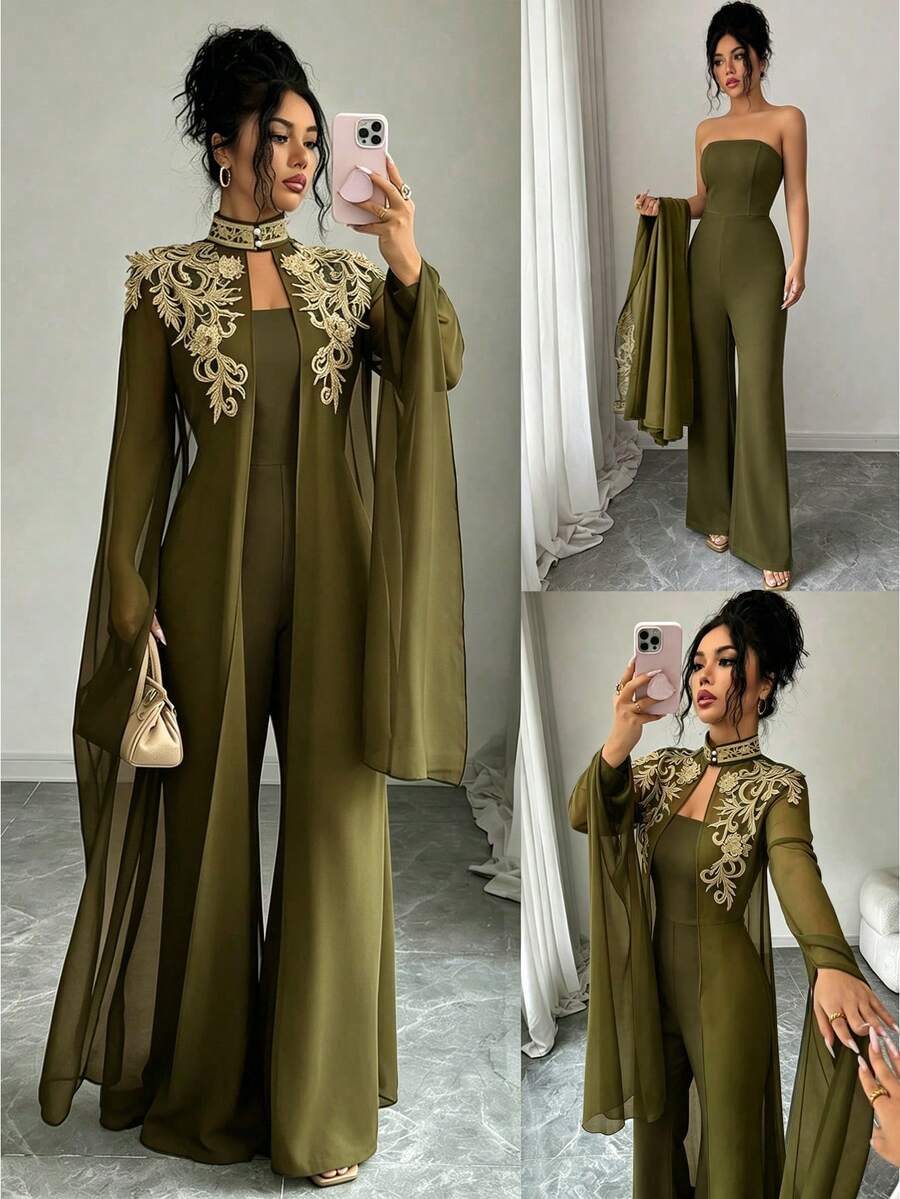Elenzga Women's Gold Lace Shawl Jumpsuit Two Pieces Set - Army Green - View 1