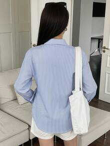 DAZY Women's Casual French Style Commute Office Striped Lace-Up Long Sleeve Shirt Blue And White Stripe Autumn - Blue - View 2
