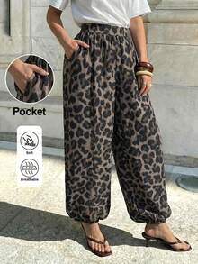 Lavishia Women's Spring/Summer Fashion Casual Balloon Pants Comfortable Versatile Coffee Color Long Pants,Leopard Print, Independence Day,Music Festival - Coffee Brown - View 2