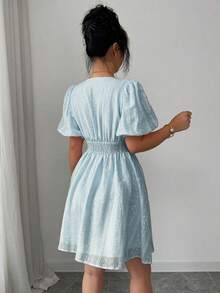 Modelyn Women's Elegant Striped Print Puff Sleeve Short Dress For Spring And Summer - Blue - View 6