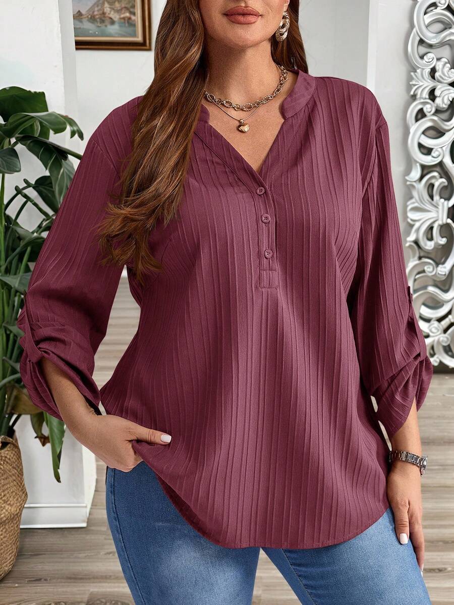 EMERY ROSE Blusa casual de talla grande con cuello con muesca y mangas remangadas, ropa de invierno - Rojo violeta - Ver 1