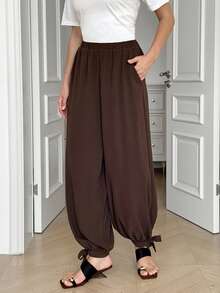 Solavon New Design Lightweight Loose Wide Leg Relaxed Pleated Lantern Pants - Brown - View 5