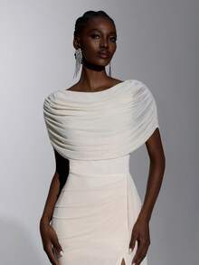Elitara Elegant Formal Sexy Fashionable Beige Elastic Slim Fit Slit Long Dress With Draped Neckline Party Dinner Evening Gala Dinner Prom Rehearsal Wedding - Apricot - View 6