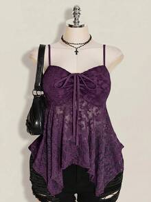SHEIN ICON Plus Size Women's Lace Lace-Up Ruffle Sexy Versatile Date Night Out Cami Top - Purple - View 1