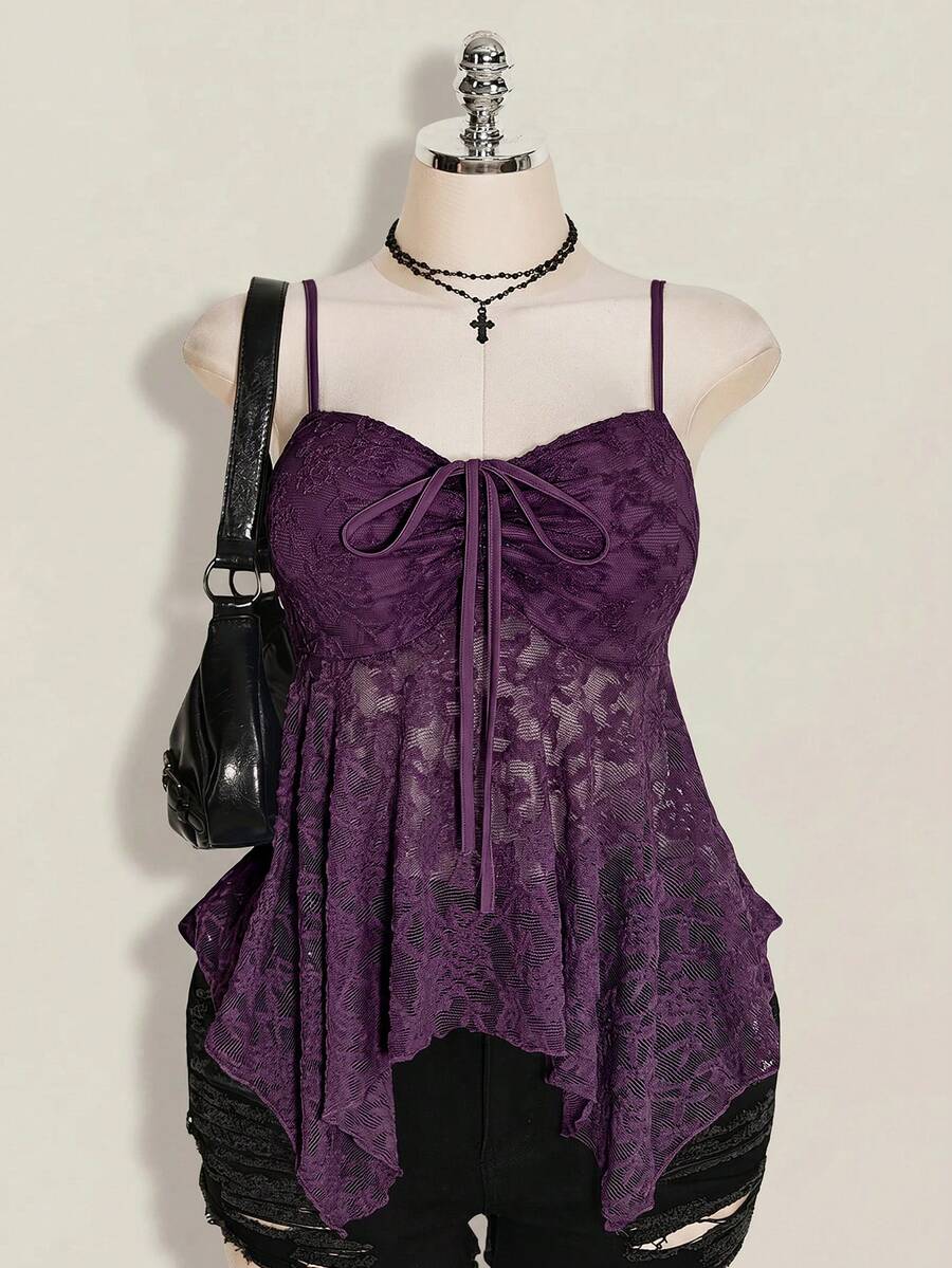SHEIN ICON Plus Size Women's Lace Lace-Up Ruffle Sexy Versatile Date Night Out Cami Top - Purple - View 1