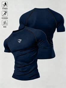 Acti Log 1pc Men's Summer Contrast Stitch Raglan Short Sleeve Compression Sports T-Shirt, Suitable For Fitness, Running, Cycling, Gym, Holiday - Navy Blue - View 1