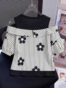 Tween Girl Summer Casual Patchwork Striped Floral Print Off-Shoulder Shirt - Black and White - View 2