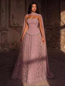 Glamrae Elegant Queen Princess Luxurious Handmade Diamond Pearl Sequin Mesh Patchwork Knit Maxi Dress Chiffon Flounce Graduation Formal Gala Dinner Pink Fall - Dusty Pink - View 11