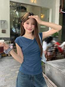 DAZY Ladies Solid Color Pleated Slim Fit Short Sleeve T-Shirt For Spring/Summer - Teal Blue - View 9