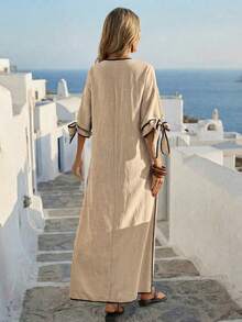 Breezaya Summer Casual Vacation Loose Fit Colorblock Trim V-Neck Women's Dress - Khaki - View 2