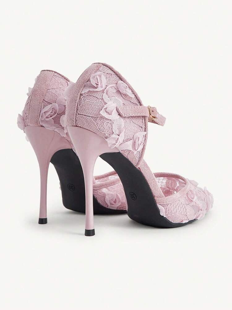 CUCCOO CHICEST Lace Three-Dimensional Rose Pointed Back Empty Stiletto Sandals, Wedding Bridesmaid High Heels