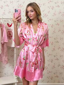 Strawberry Shortcake X SHEIN Đồ ngủ nữ tay ngắn kẻ sọc kiểu dáng thường ngày - - Màu Hồng baby - Xem 1