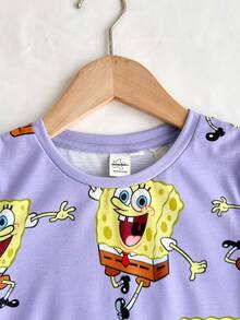 SpongeBob SquarePants | SHEIN 少女夏季休閒卡通印花T恤 - 紫色 - 查看 5