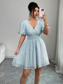 Modelyn Women's Elegant Striped Print Puff Sleeve Short Dress For Spring And Summer - Blue - View 3
