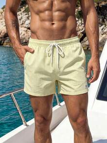 Manfinity Swimmode Summer Men's Striped Print Drawstring Waist Beach Shorts , Holiday Vacation Beach Hawaii Tropical Swim Bathing Vacation Date Couple - Light Yellow - View 6