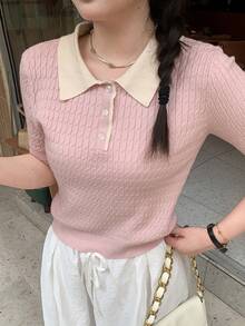 Dazy Plus 對比色拼接 Polo 領學院風修身粉紅色短袖大尺碼女款春夏秋針織上衣 - 粉色 - 查看 4