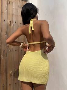 Aloruh Women's Solid Color Crochet Mini Dress With Shell Decor, Suitable For Beach Vacation - Light Yellow - View 2