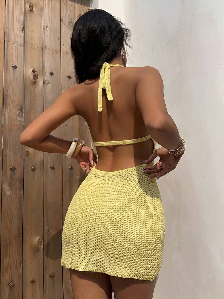 Aloruh Vestido mini de mujer de unicolor con decoración de concha, adecuado para vacaciones en la playa - Amarillo claro - Añade 2