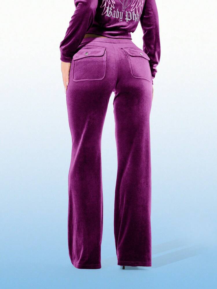 BABYPHAT Women Velour Wide Leg Joggers With Gothic Letter Print Side Pockets Casual Loose Fit Drawstring Sweatpants