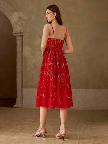 MOTF PREMIUM WOMEN'S FLORAL EMBROIDERED BOW DECOR SPAGHETTI STRAP MIDI DRESS - Red - View 3