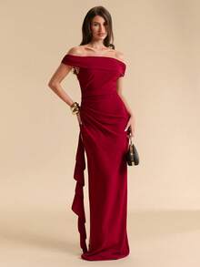SHEIN BAE Spring/Summer Burgundy Off-Shoulder Pleated Ruffle Long Dress, Elegant High-End Evening Party Date Dress - Red - View 5