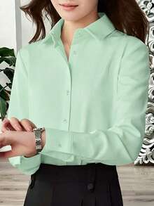 SHEIN Holidaya 女款素色休閒單排扣長袖襯衫 商務辦公 - 綠色 - 查看 1