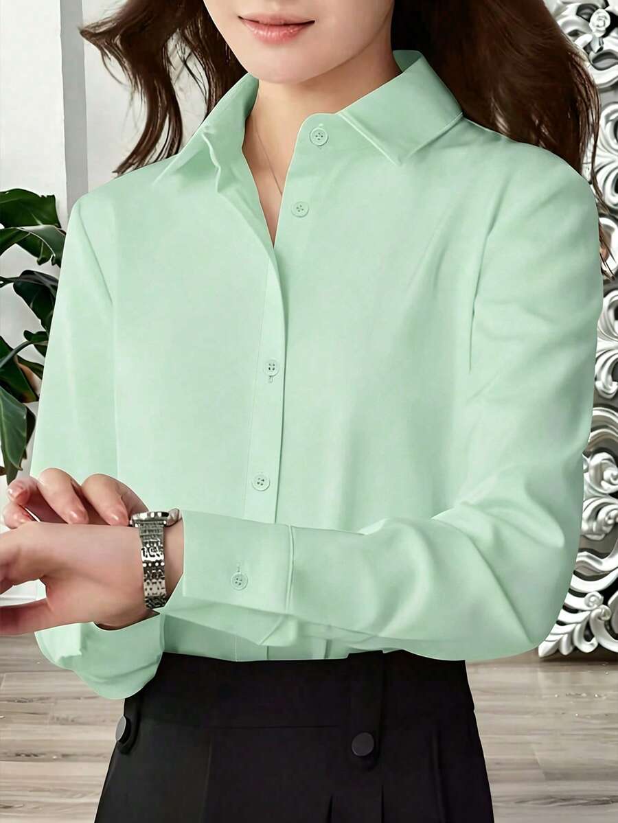 SHEIN Holidaya 女款素色休閒單排扣長袖襯衫 商務辦公 - 綠色 - 查看 1