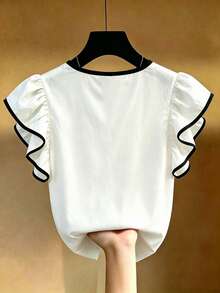 SHEIN Franclia Blouse décontractée d'été pour femmes, pour vacances et trajets quotidiens, avec bordure contrastée, col à encoche et emmanchures à volants - Blanc - Voir 2
