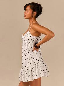 Athîral Women's Spaghetti Strap Backless White With Black Polka Dots Mini Dress Vacation Summer French - Multicolor - View 6