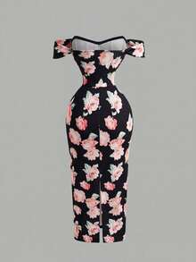 SHEIN MOD 女士粉色碎花露肩修身连衣裙 - 黑色 - 查看 6