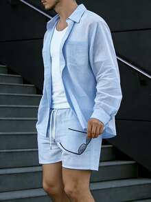 Manfinity Dauomo Men's Casual Fashion Long Sleeve Top And Shorts Set - Blue - View 3