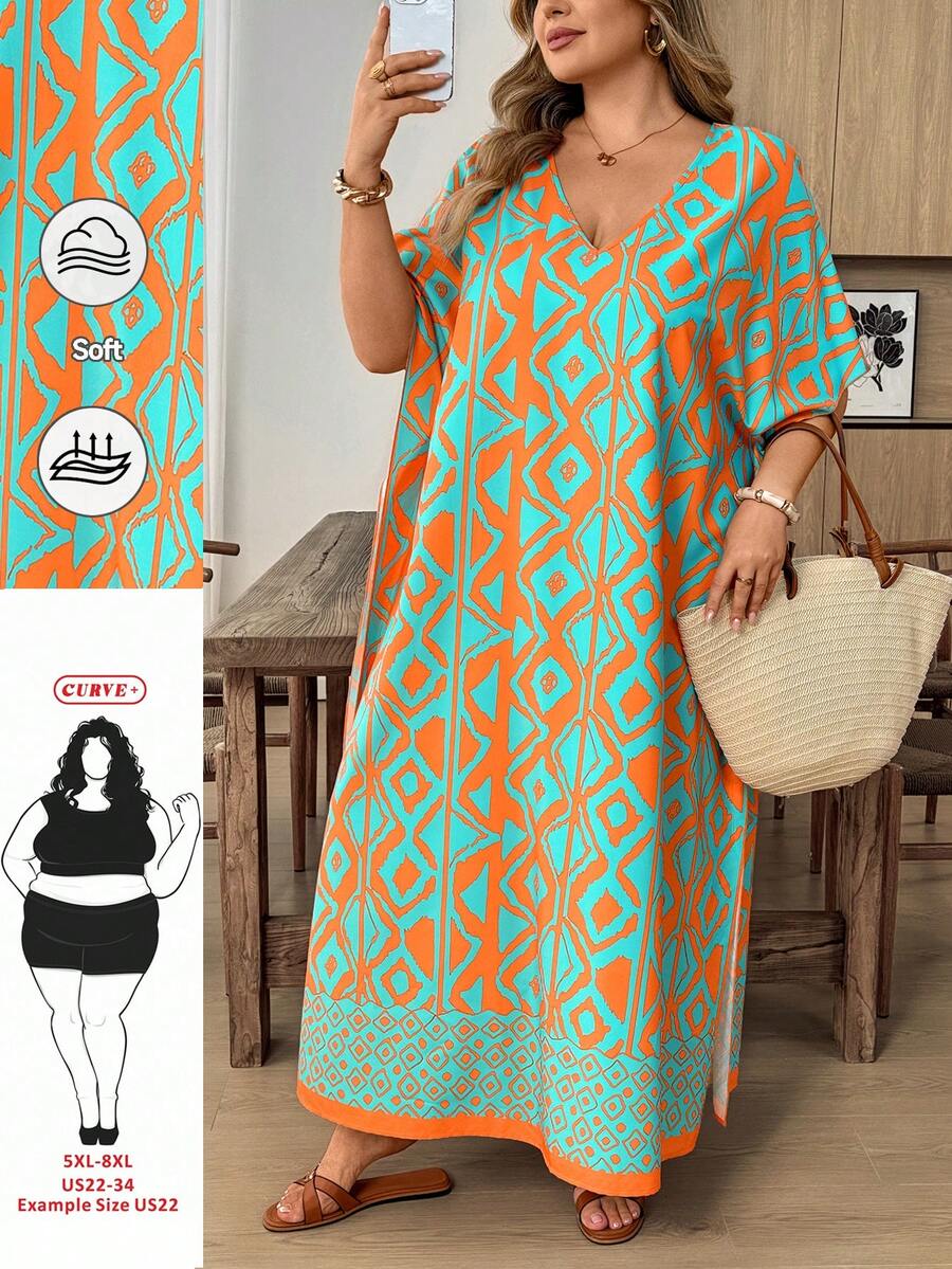 SHEIN CURVE+ Plus Size Women's Geometric Print Batwing Sleeve Dress - Multicolor - View 1