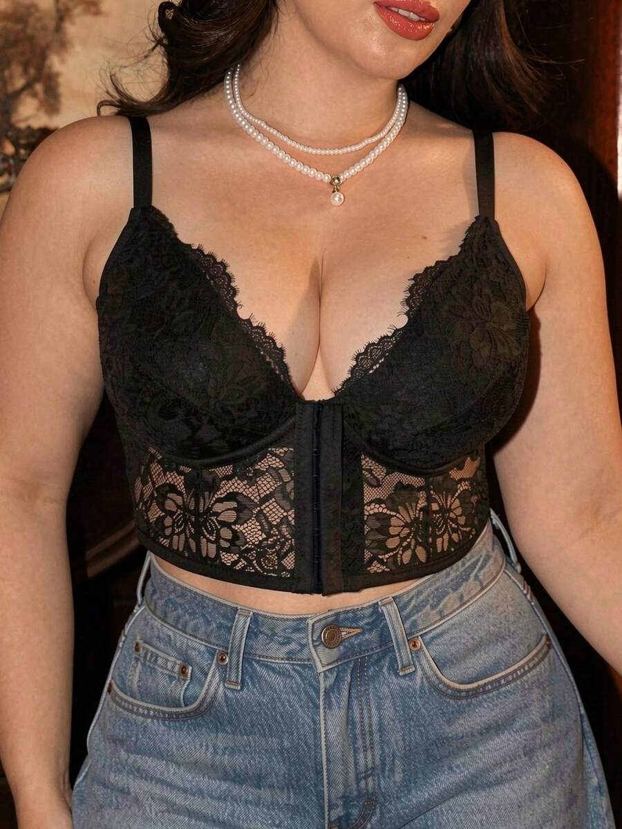 SHEIN 大尺碼經典性感蕾絲飾邊鋼圈胸衣 - 黑色 - 查看 1