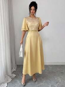 Modelyn 女款精緻優雅花卉刺繡網格拼接長洋裝 春夏季 - 黃色 - 查看 7