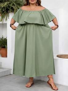 SHEIN CURVE+ Curve 尺码 US22 音乐节、海滨度假、波西米亚风黑色露肩宽松 A 字连衣裙、休闲度假连衣裙、黑色时尚连衣裙 - 橄欖綠 - 查看 5