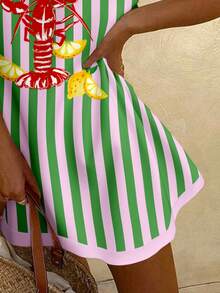 SHEIN EZwear Casual Minimalist Vacation Style Fun Lobster Striped Placement Print Pattern Pink Background Contrast Green Striped Women's Dress Suitable For Spring/Summer Vacation Fun Quirky Cute Style Beach - White - View 5