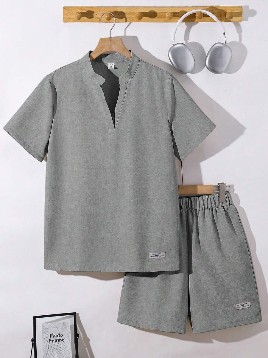 SHEIN Teenager Jungen 2er Set Lässig Vielseitig Texturiertes Kurzarmhemd und Shorts Set Teenager Jungen 2er Set Jungen Schwarze Kurz Sets - Grau - Übersicht 1