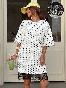 Muchica Women's Summer Casual Polka Dot Print Contrast Lace Mini Dress Summer Dress Elegant Dresses For Party  Beach Dress For Women White - White - View 3