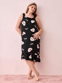 Bonmuse Camisola Casual Solta com Alças, Babados e Estampa de Laço Doce e Coração para Mulheres Plus Size - Preto - Visão 7