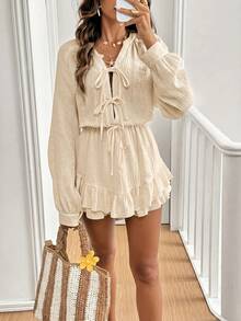 Serisse Women's Solid Color Lace-Up Long Sleeve Ruffle Summer Loose Comfortable Jumpsuit - Apricot - View 6