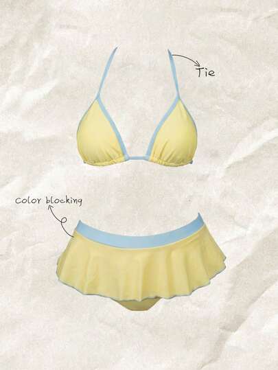 Elavelle Bộ bikini cổ yếm màu trơn cho nữ, mùa xuân và mùa hè