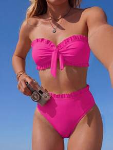 Swim Basics Women's Summer Beach Solid Color Ruffle Trim Bandeau Bikini Set With Front Knot, Two Pieces Swimwear Black Bathing Suits - Hot Pink - View 1