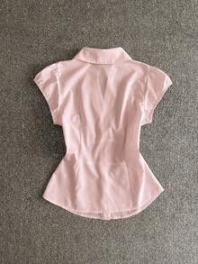 IslaSuriya 女款單排鈕扣純色泡泡袖翻領收腰襯衫 - 淺粉色 - 查看 2